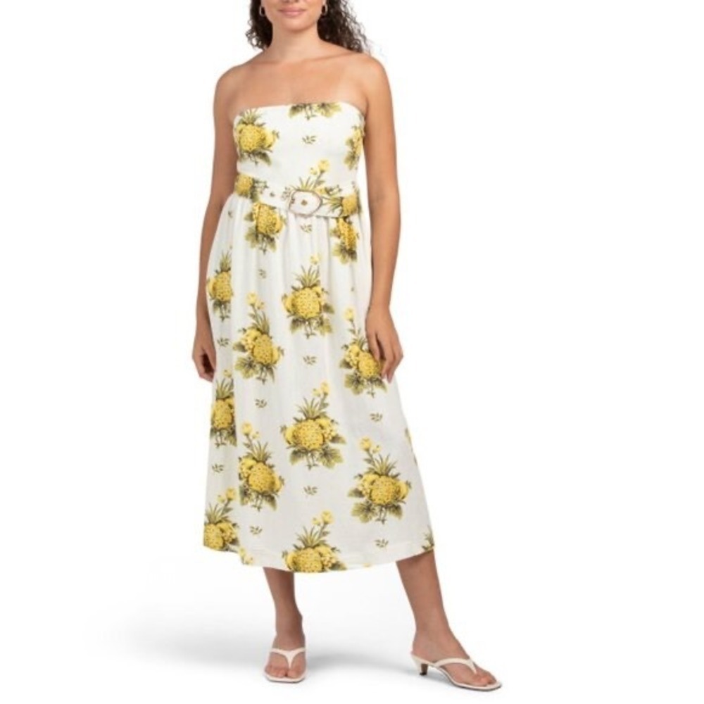 TAHARI Pineapple Linen Blend Pineapple Strapless Midi Dress 8 NWT